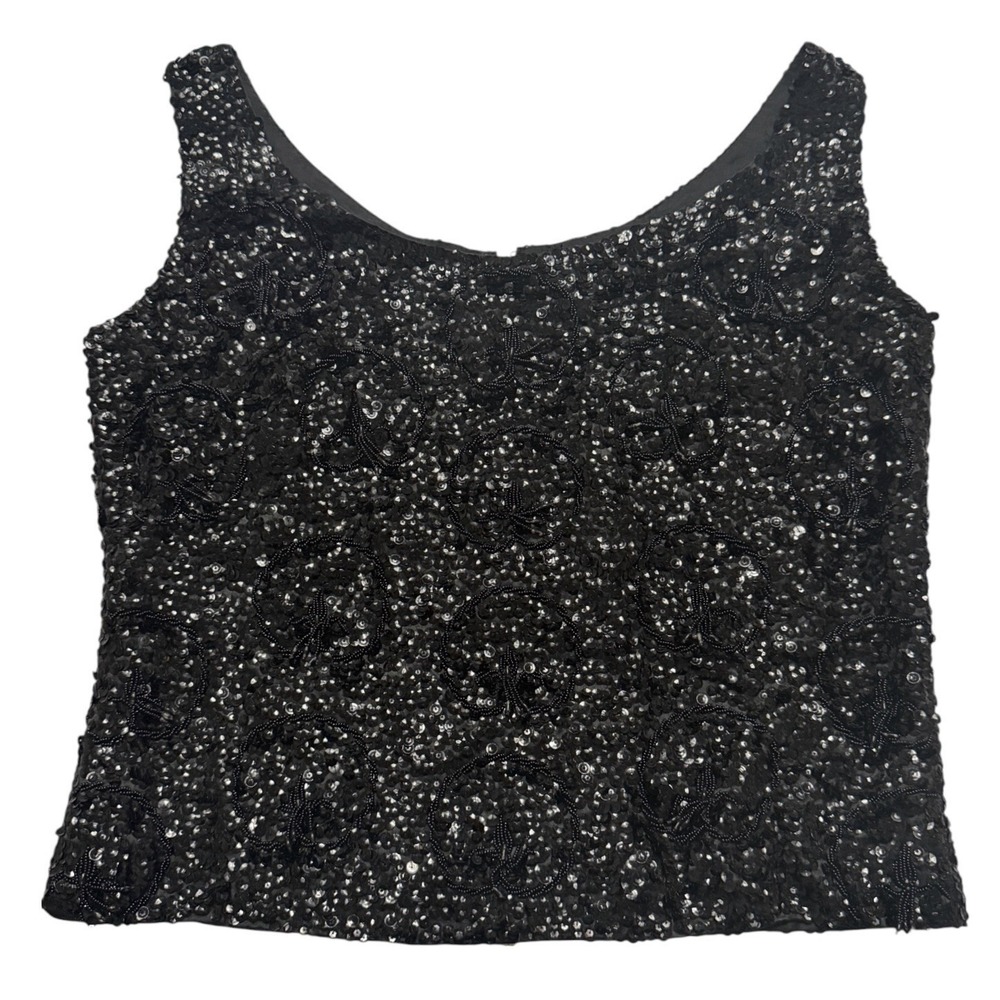60s Black Shiny Beaded‎ Tassel Tank Top Camisole Shell Size Medium Vintage